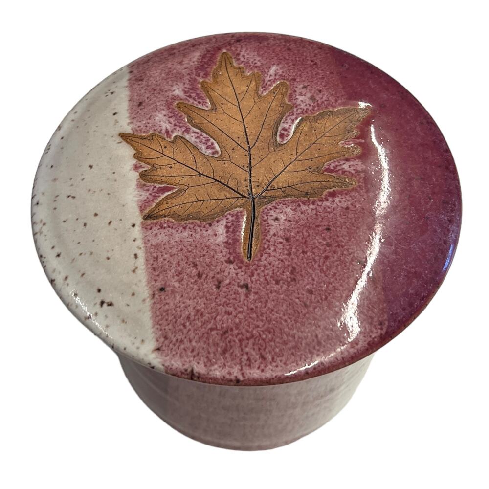Studio Art Pottery Pink Leaf Soft Butter Bell‎ Keeper Crock Stoneware Signed
